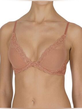 Natori Feathers Plunge Pink Lace Trim Mesh T Shirt Bra Women’s Size 38D